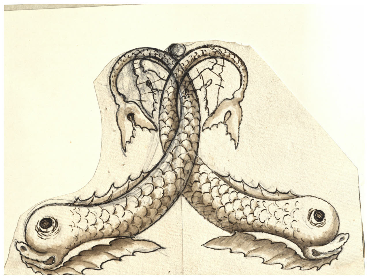 Due delfini con code intrecciate (disegno) di Maggiolini (bottega) (secc. XVIII/ XIX)