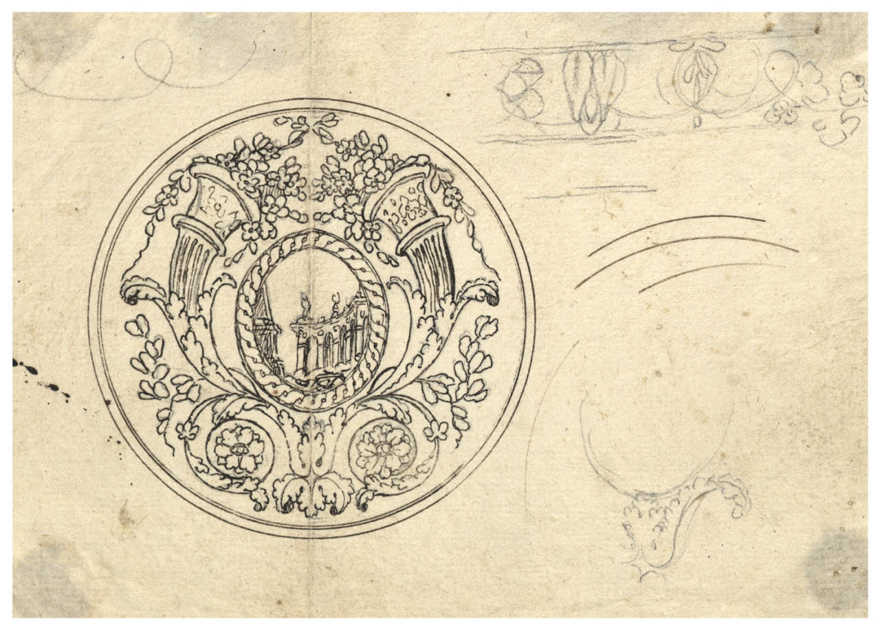 Medaglione con cornucopie e girali (disegno) di Maggiolini (bottega) (secc. XVIII/ XIX)