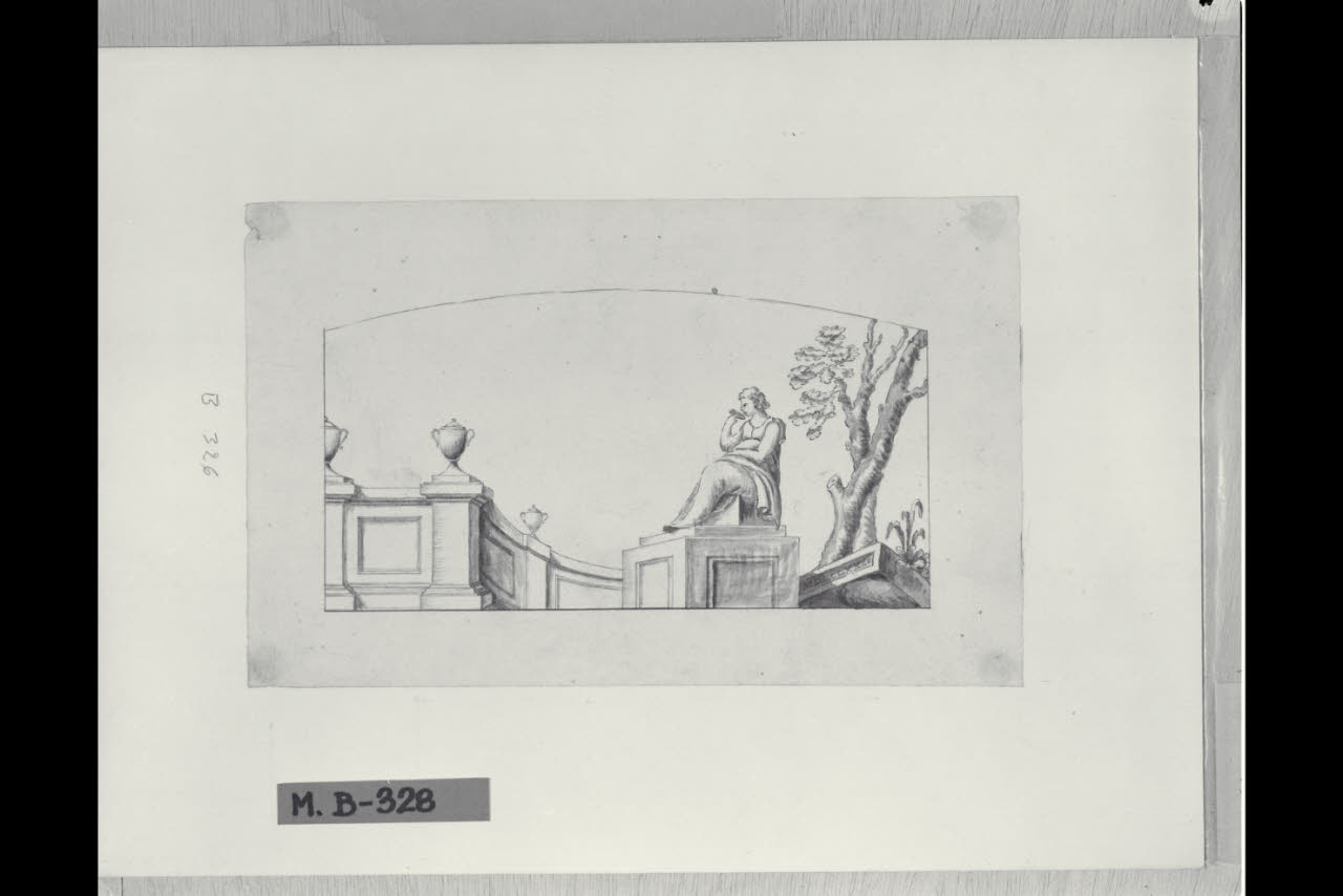 Capriccio architettonico con statua di donna seduta (disegno) di Maggiolini (bottega) (secc. XVIII/ XIX)
