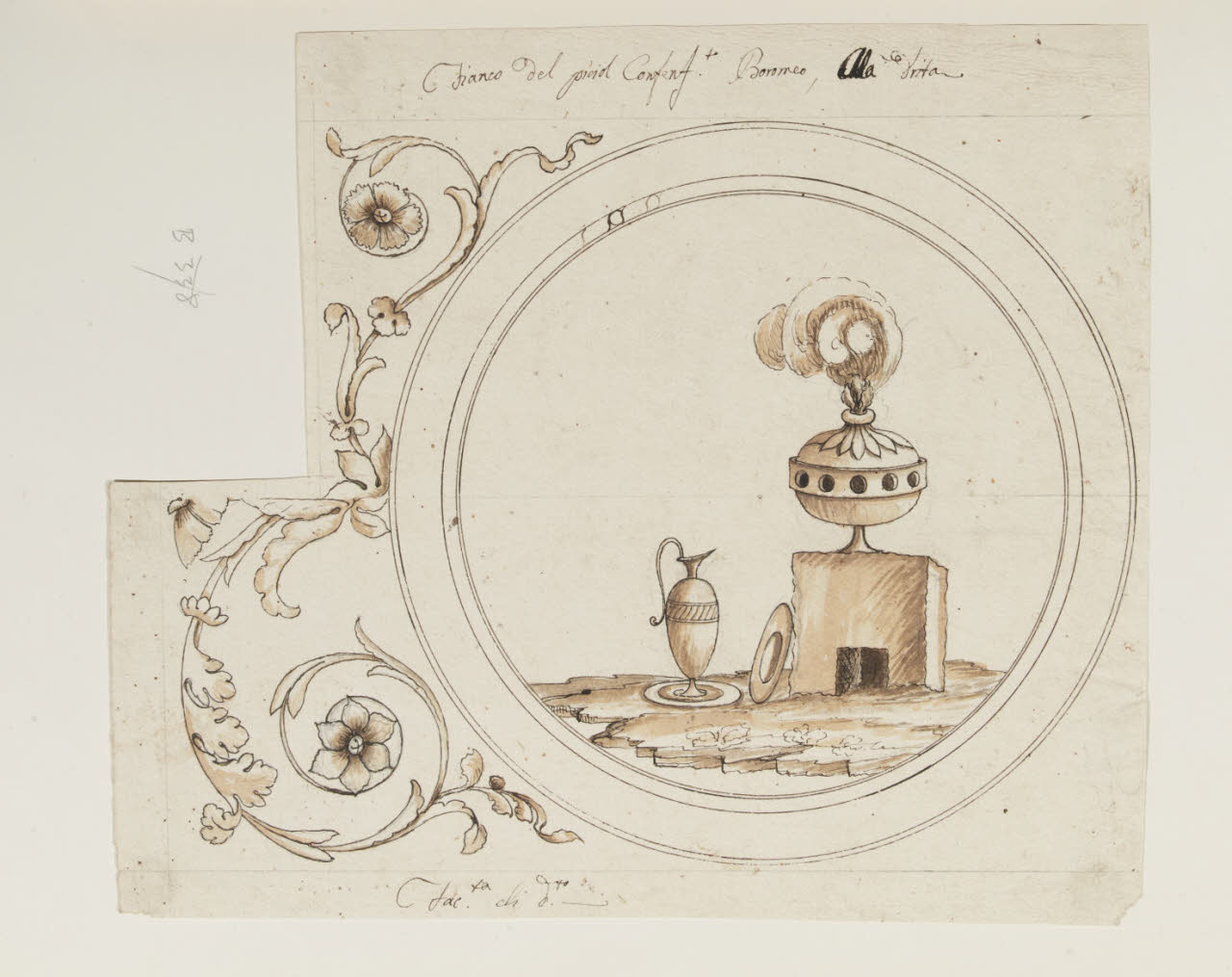Rovine dall'antico in un tondo con proposta alternativa di incorniciatura fogliacea (disegno) di Maggiolini (bottega) (secc. XVIII/ XIX)