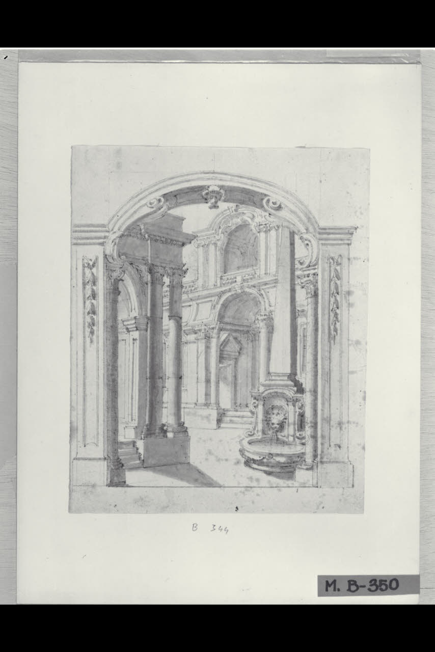 Scena teatrale con fontana in un atrio (disegno) di Maggiolini (bottega) (secc. XVIII/ XIX)
