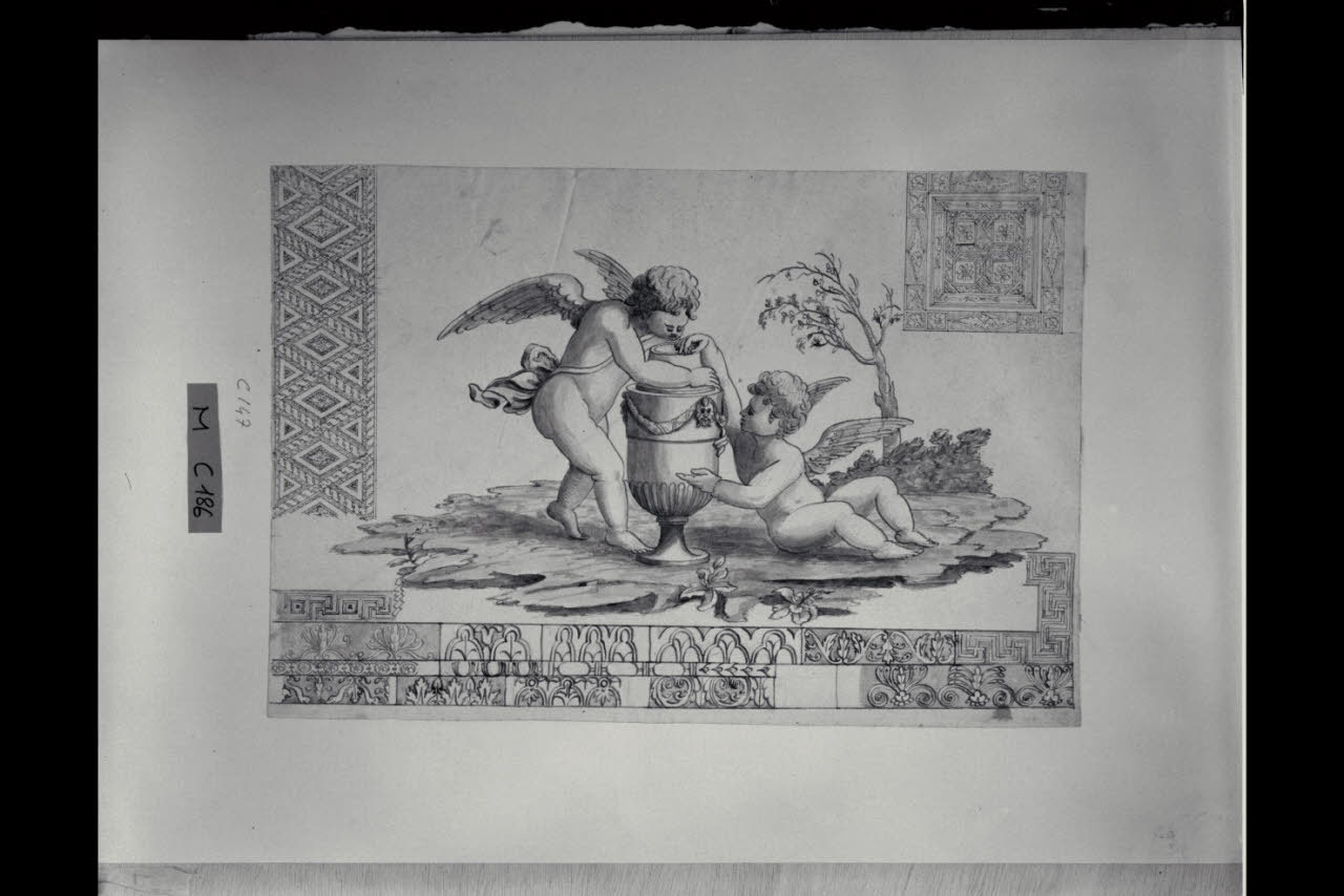 Due putti e studi di bordure (disegno) di Maggiolini (bottega) (secc. XVIII/ XIX)