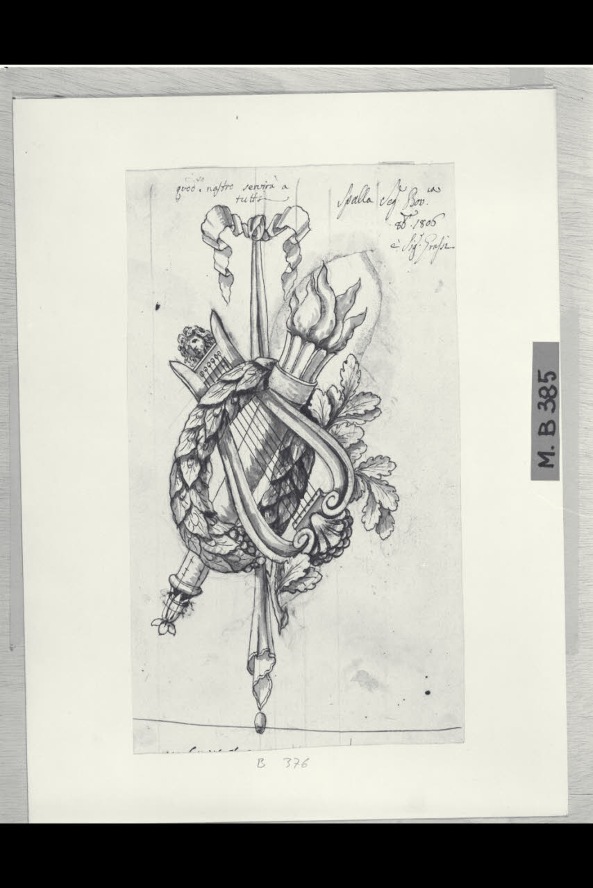 Trofeo con lira, fiaccola, corona e ramoscello di quercia (disegno) di Maggiolini (bottega) (sec. XIX)