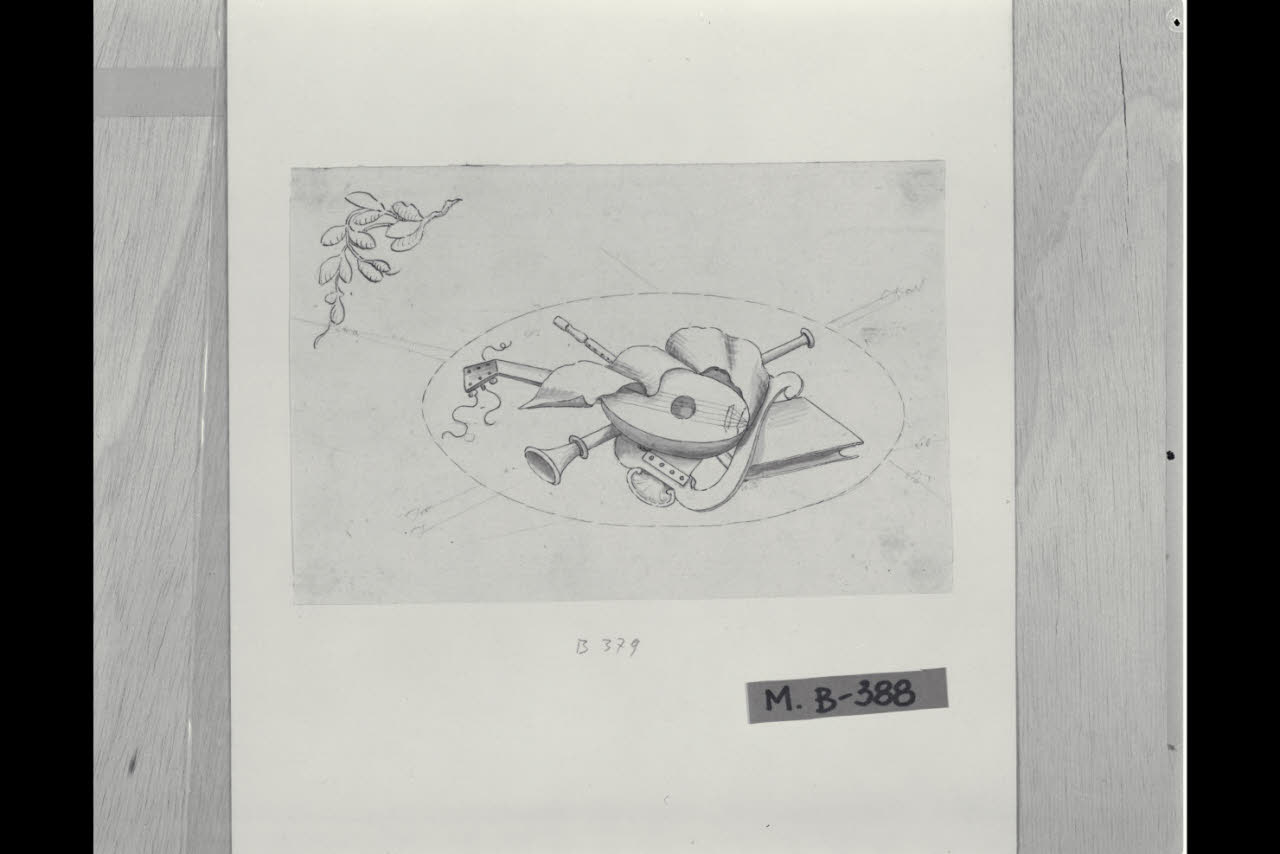 Strumenti musicali in una riserva ovale, ramoscello (disegno) di Maggiolini (bottega) (secc. XVIII/ XIX)