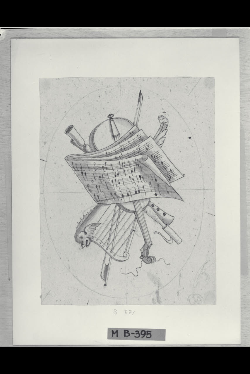 Trofeo con strumenti musicali (disegno) di Maggiolini (bottega) (secc. XVIII/ XIX)