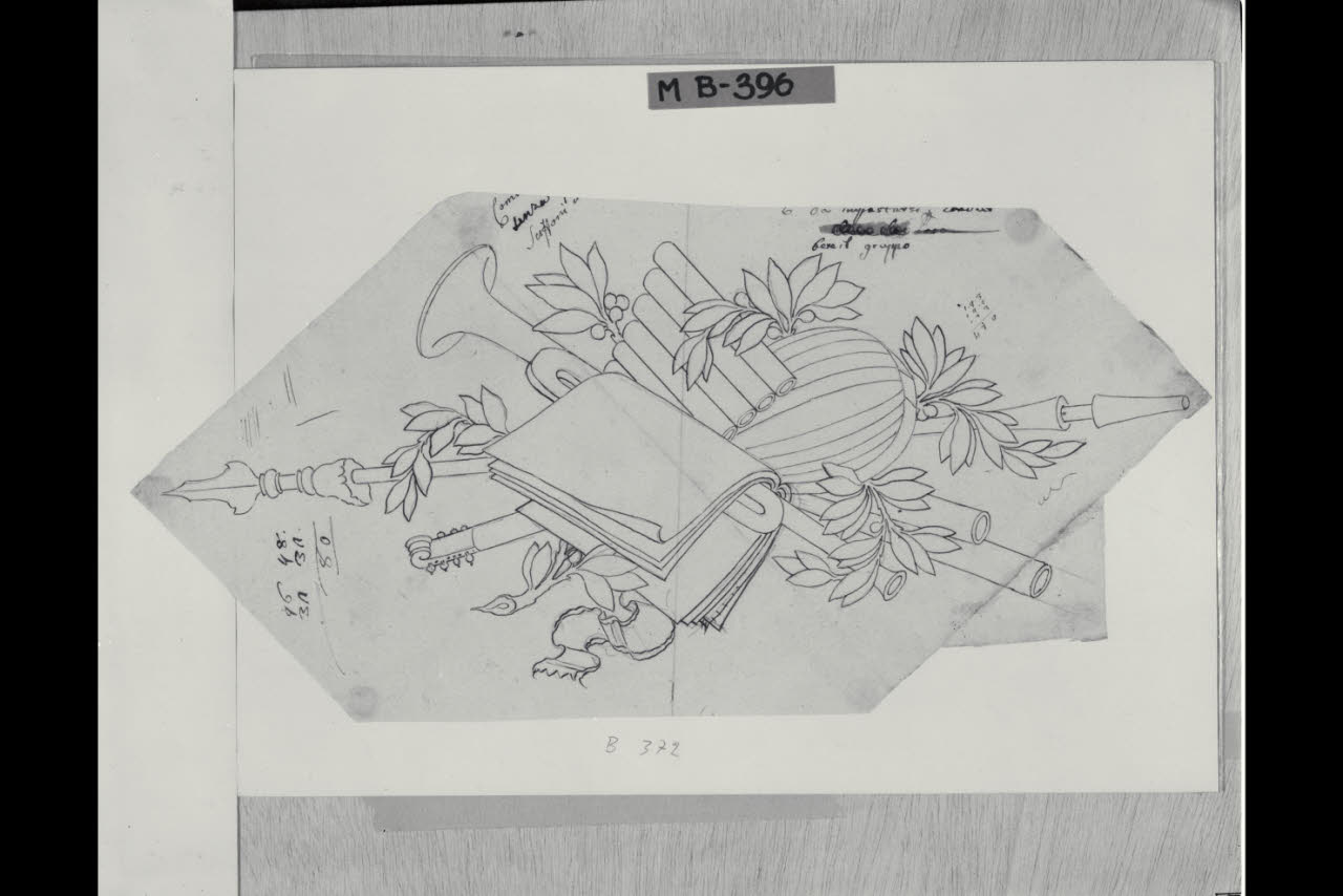 Trofeo con strumenti musicali (disegno) di Maggiolini (bottega) (secc. XVIII/ XIX)