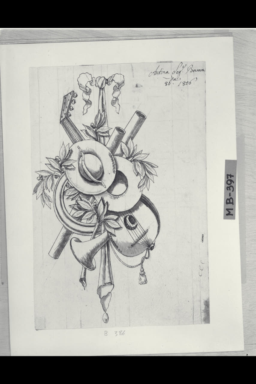 Trofeo con strumenti musicali e ramoscello d'alloro (disegno) di Maggiolini (bottega) (sec. XIX)