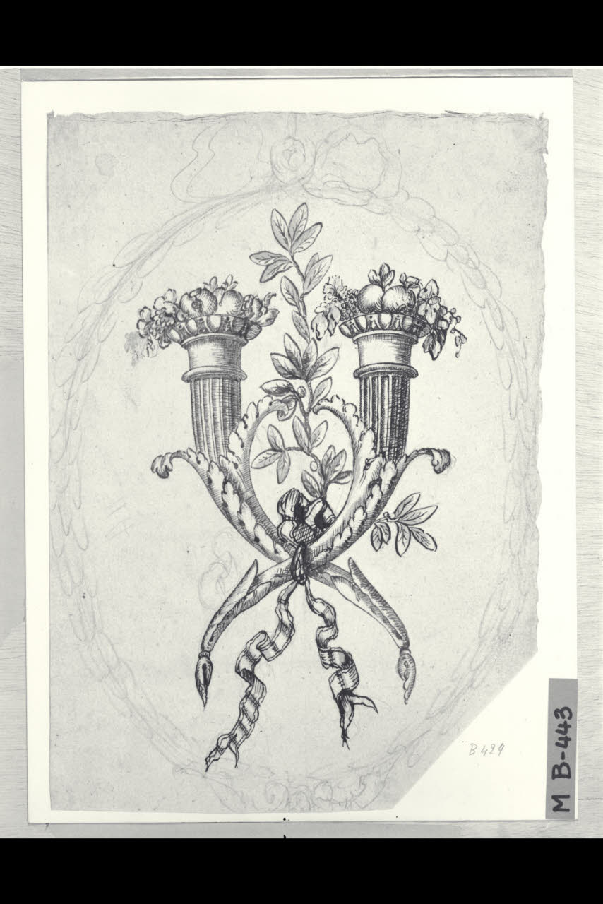 Due cornucopie, abbozzo di ghirlanda e nastro (disegno) di Maggiolini (bottega) (secc. XVIII/ XIX)