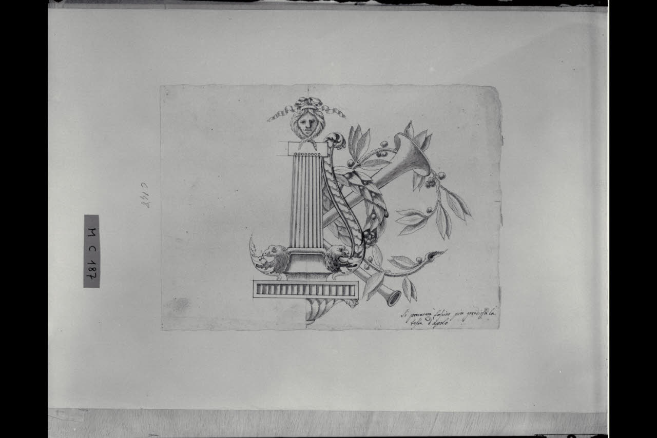 Attributi della Musica con una corona e un ramo di lauro (disegno) di Maggiolini (bottega) (secc. XVIII/ XIX)