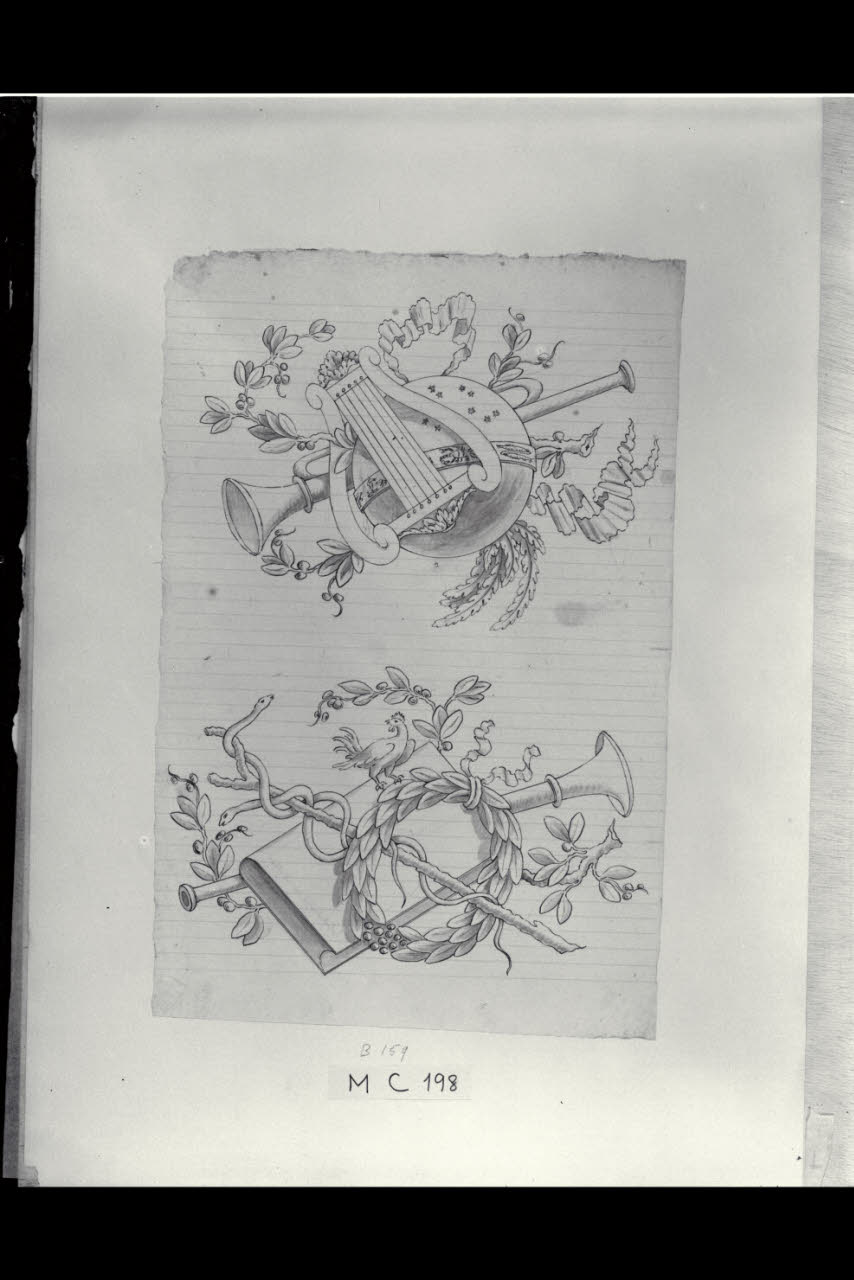 Trofei con attributi della Musica (disegno) di Maggiolini (bottega) (secc. XVIII/ XIX)