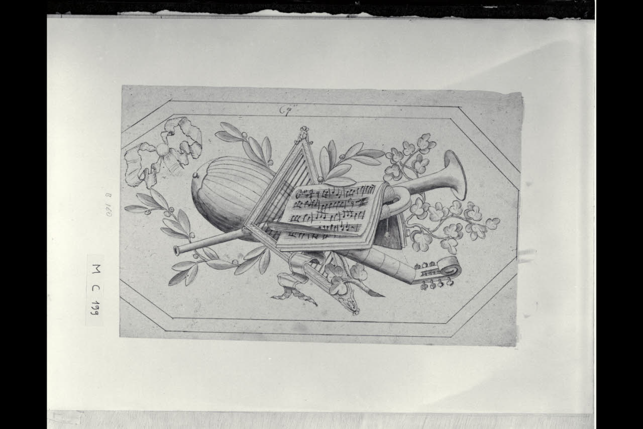 Trofeo con strumenti musicali (disegno) di Maggiolini (bottega) (secc. XVIII/ XIX)