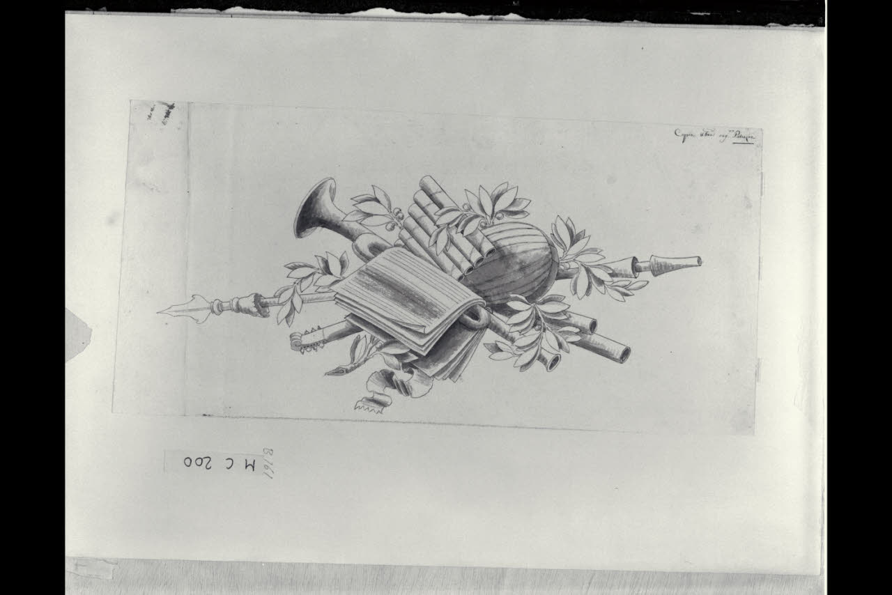Trofeo con attributi musicali (disegno) di Maggiolini (bottega) (secc. XVIII/ XIX)