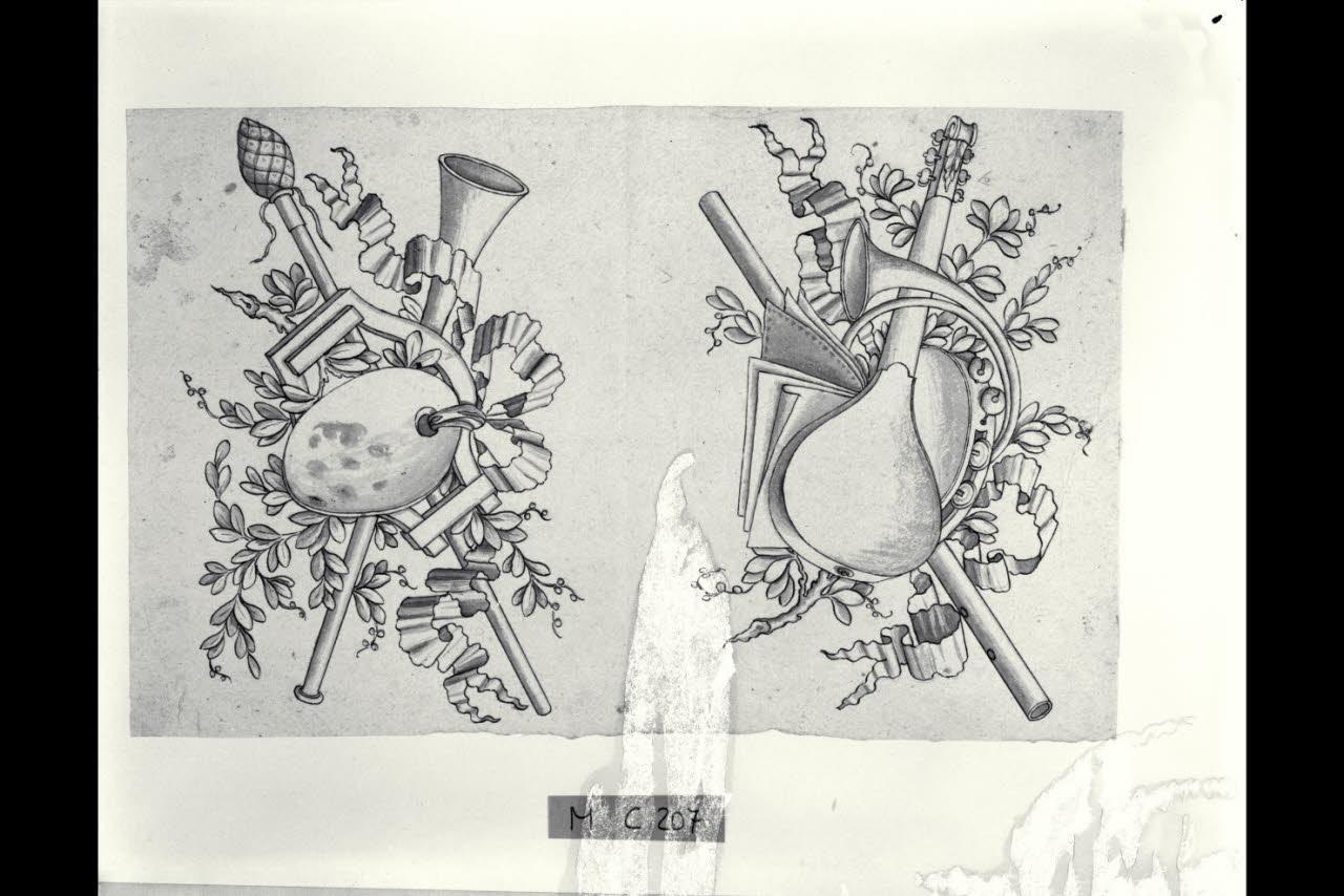 Trofei con attributi della Musica (disegno) di Maggiolini (bottega) (secc. XVIII/ XIX)
