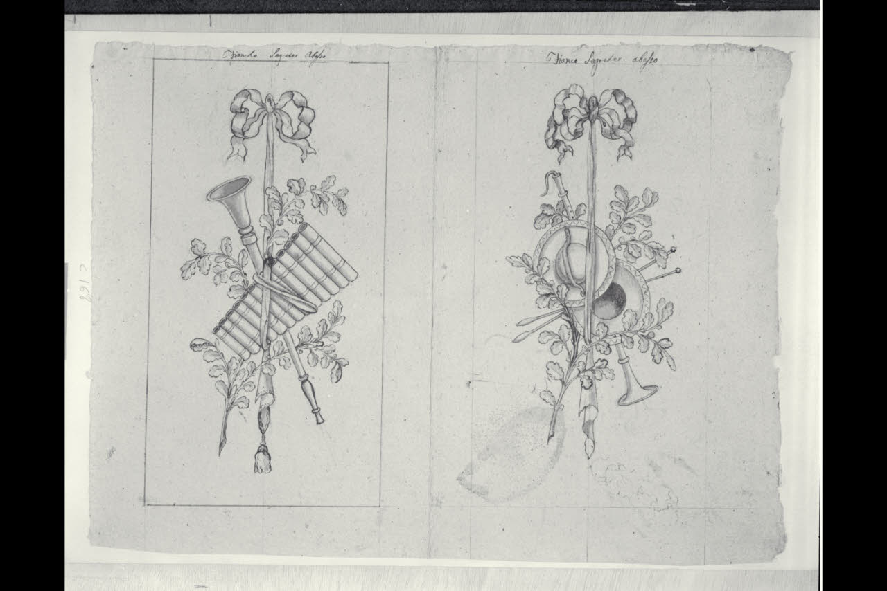 Trofei con attributi della Musica (disegno) di Maggiolini (bottega) (secc. XVIII/ XIX)
