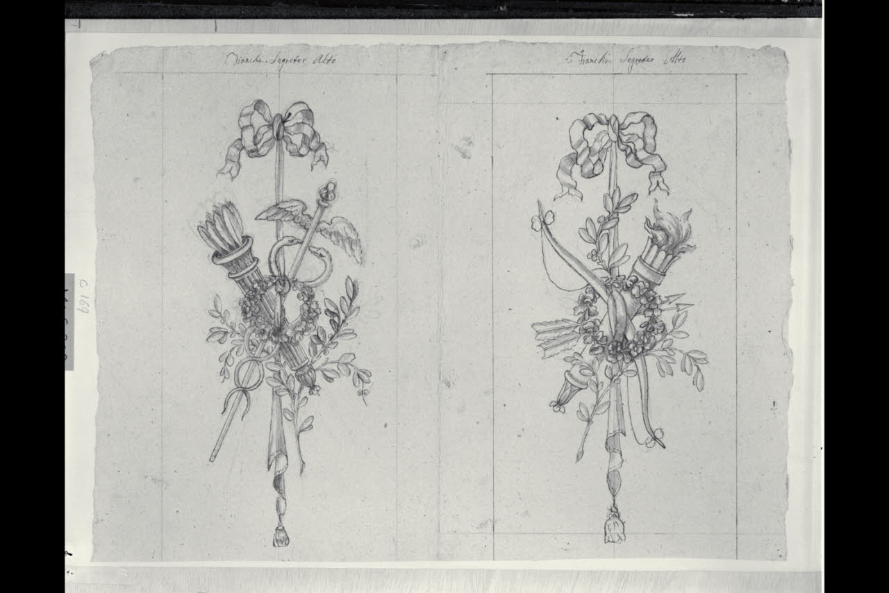 Trofei con attributi dell'Amore (disegno) di Maggiolini (bottega) (secc. XVIII/ XIX)