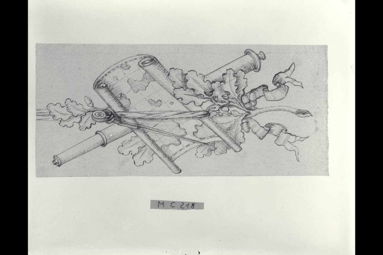 Composizione con cannocchiale e carta geografica (disegno) di Maggiolini (bottega) (secc. XVIII/ XIX)