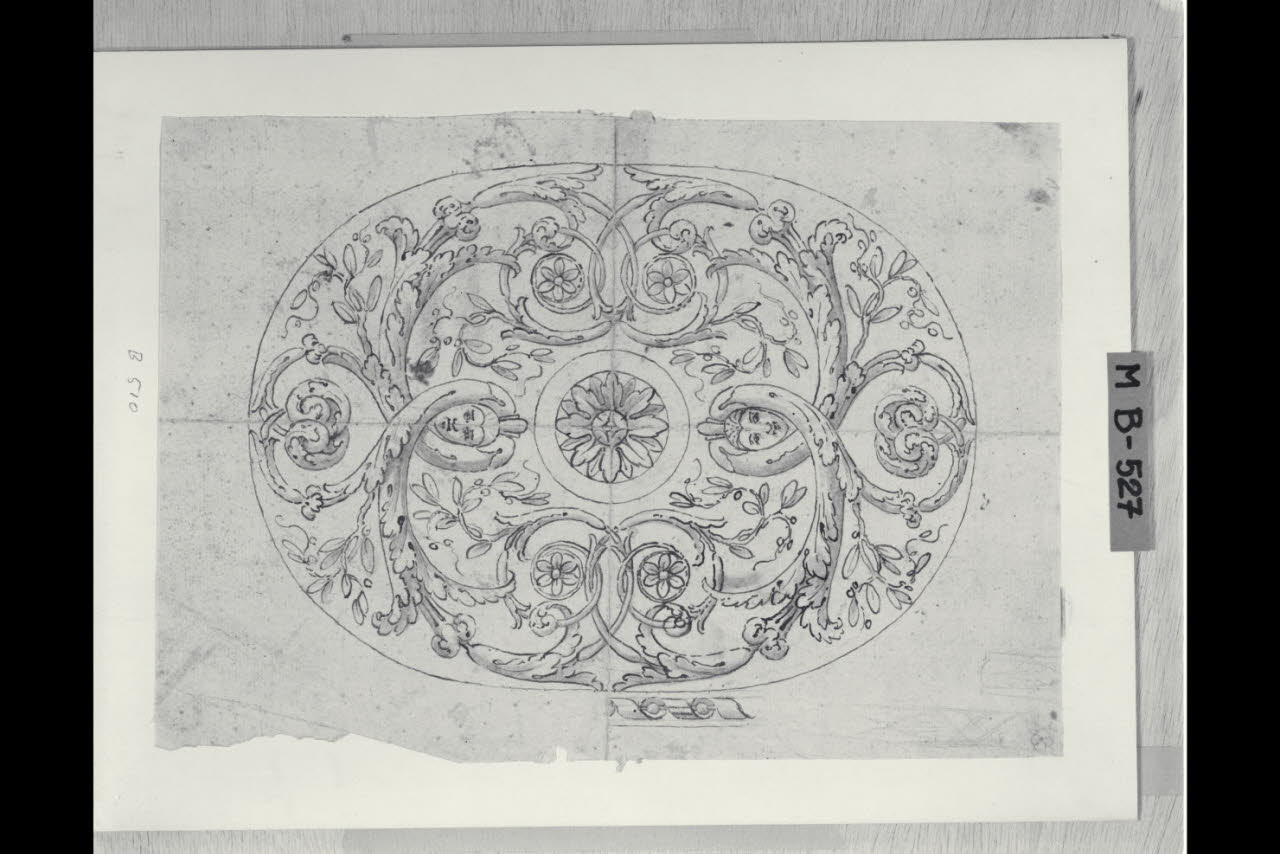 Intreccio a motivi fogliacei con mascherine (disegno) di Maggiolini (bottega) (secc. XVIII/ XIX)