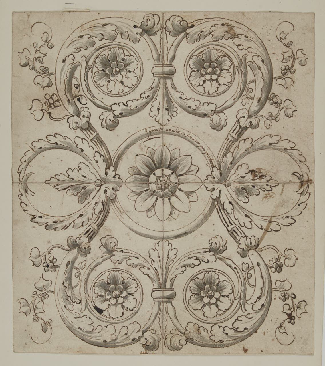 Doppi girali d'acanto affrontati incornicianti un rosone (disegno) di Levati, Giuseppe (secc. XVIII/ XIX)
