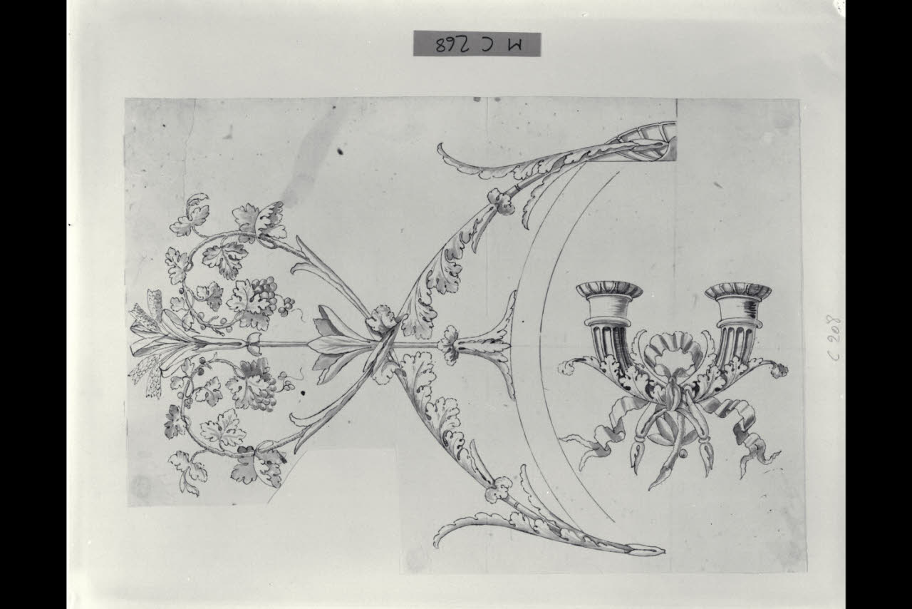 Due cornucopie e idea per la facciata di un comò (disegno) di Maggiolini (bottega) (secc. XVIII/ XIX)
