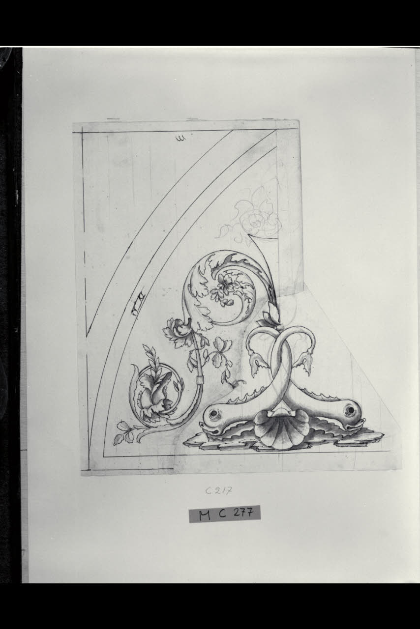 Due delfini e conchiglia con girali d'acanto (disegno) di Maggiolini (bottega) (secc. XVIII/ XIX)