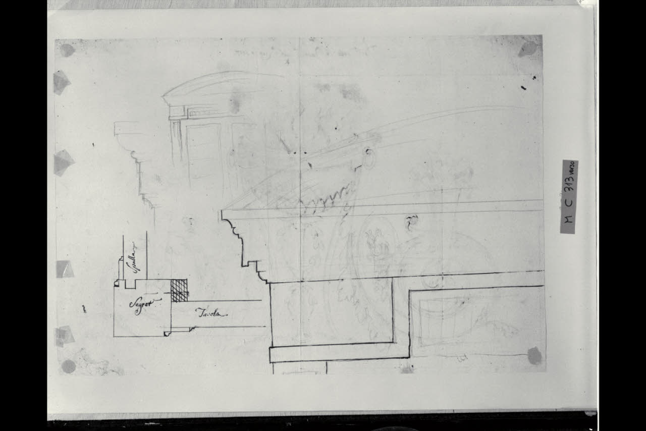 Schizzi progettuali di angolo di un mobile (parte superiore e timpano di un armadio?) (disegno) di Maggiolini (bottega) (secc. XVIII/ XIX)
