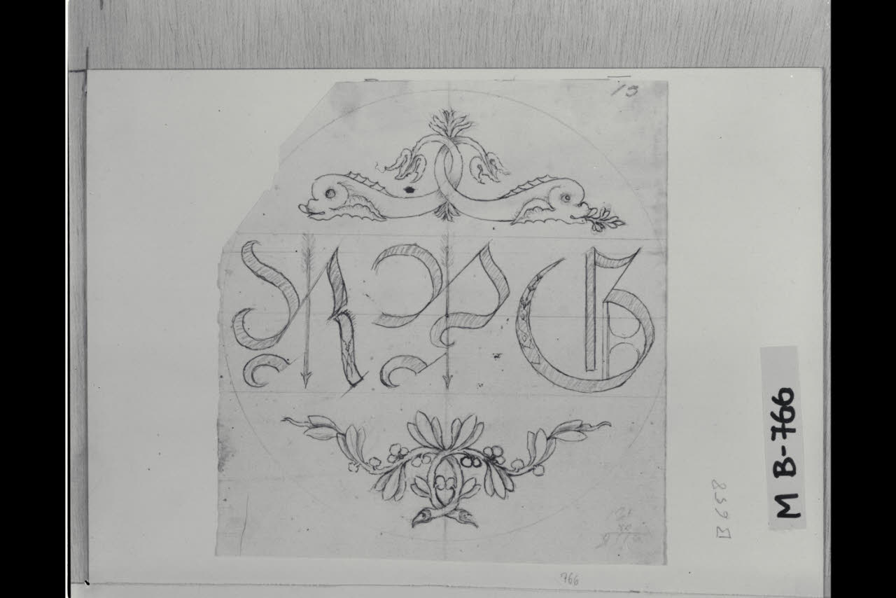 Ornato con delfini e rametti di ulivo (disegno) di Maggiolini (bottega) (secc. XVIII/ XIX)