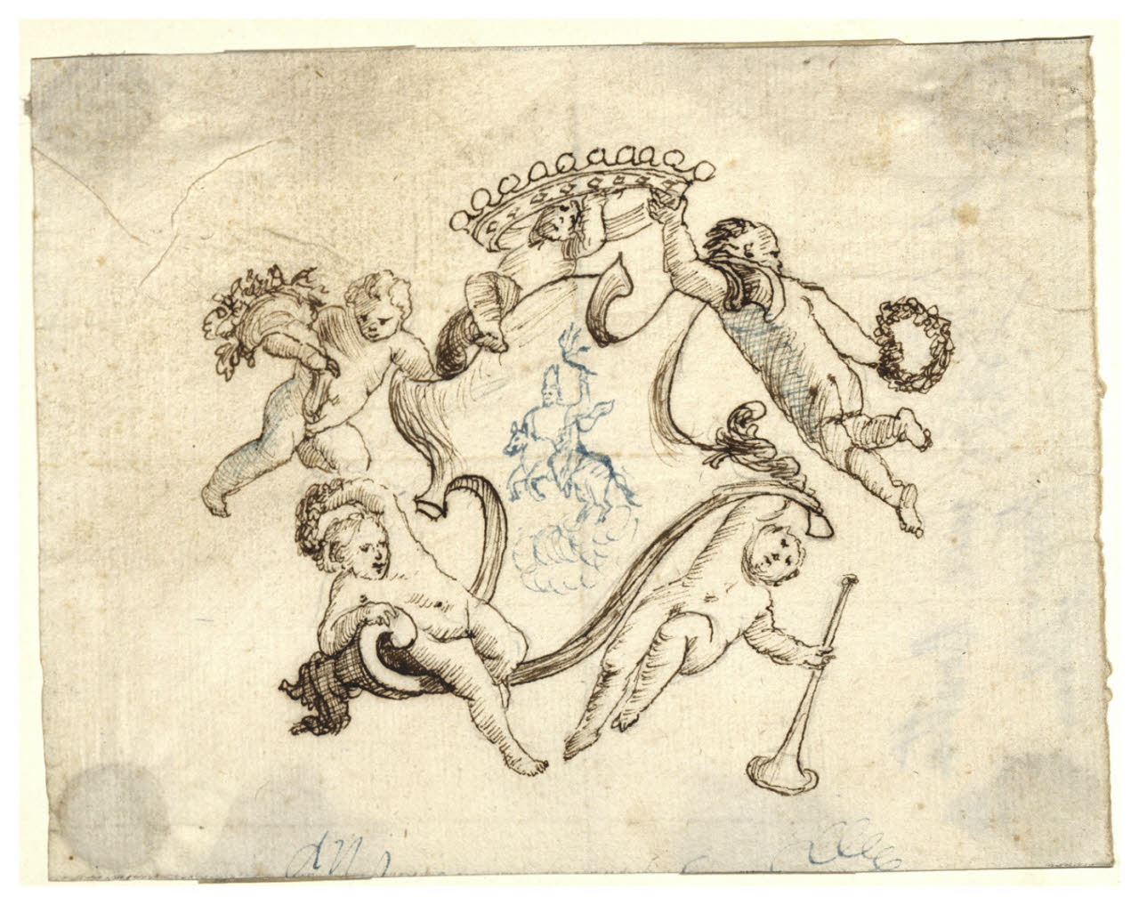 Quattro putti reggono corona con cartiglio (disegno) di Maggiolini (bottega) (secc. XVIII/ XIX)