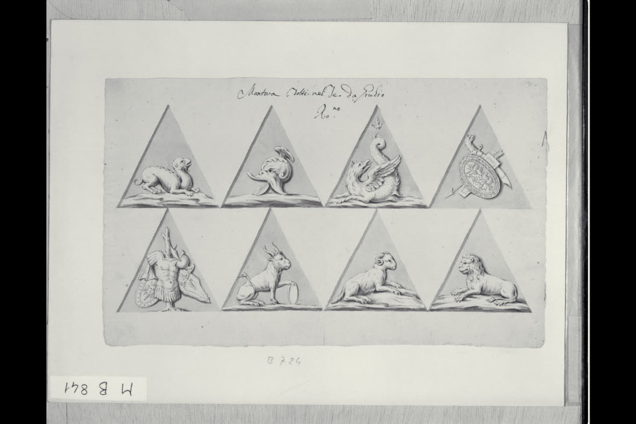 Scudi con animali fantastici e trofei (emblemi da Palazzo Te) (disegno) di Maggiolini (bottega) (secc. XVIII/ XIX)