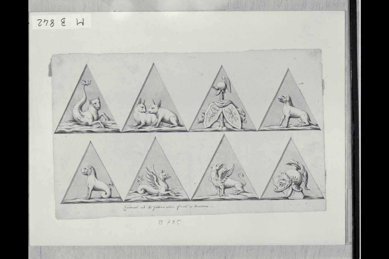 Scudi con animali fantastici e trofei (emblemi da Palazzo Te) (disegno) di Maggiolini (bottega) (secc. XVIII/ XIX)