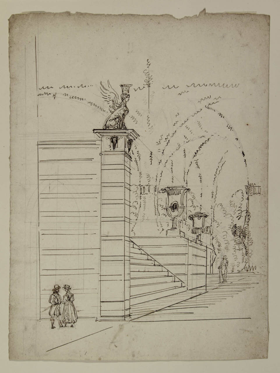 Particolare di un giardino con scalinata e macchiette, Particolare di un giardino con scalinata e macchiette (disegno) di Bison, Giuseppe Bernardino (secc. XVIII/ XIX)