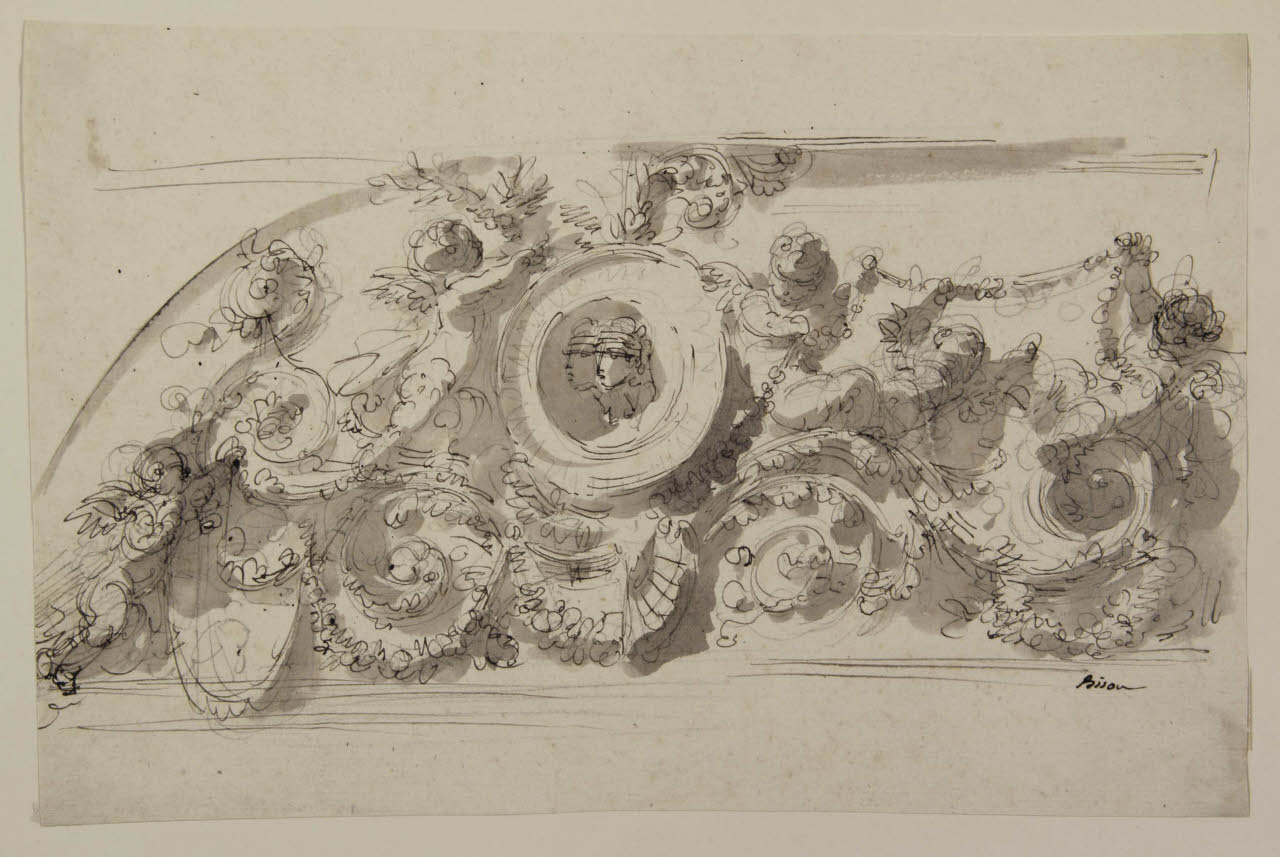 Particolare decorativo con ritratto in un clipeo, putti, festoni e volute floreali, Particolare decorativo con ritratto in un clipeo, putti, festoni e volute floreali (disegno) di Bison, Giuseppe Bernardino (secc. XVIII/ XIX)