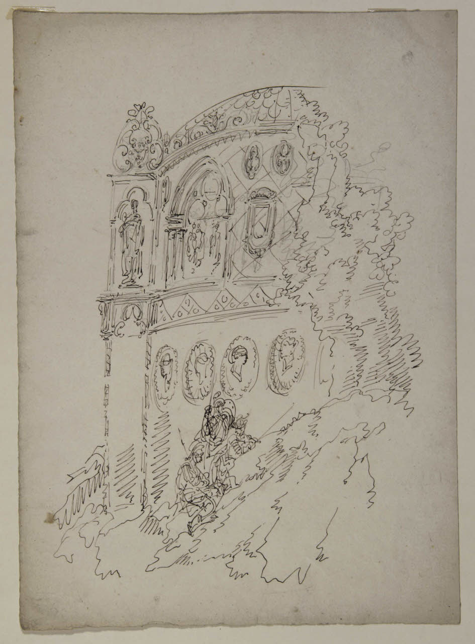 Veduta di un edificio con ornati immerso in un paesaggio boschivo e presenza di figurette, Veduta di un edificio con ornati immerso in un paesaggio boschivo e presenza di figurette (disegno) di Bison, Giuseppe Bernardino (secc. XVIII/ XIX)