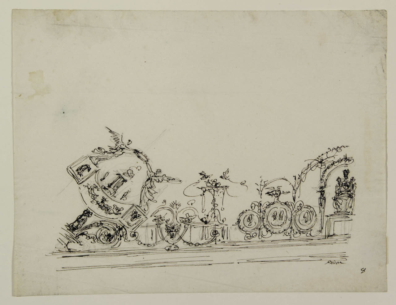 Particolare di una decorazione con figure alate, vasi e festoni floreali, Particolare di una decorazione con figure alate, vasi e festoni floreali (disegno) di Bison, Giuseppe Bernardino (secc. XVIII/ XIX)