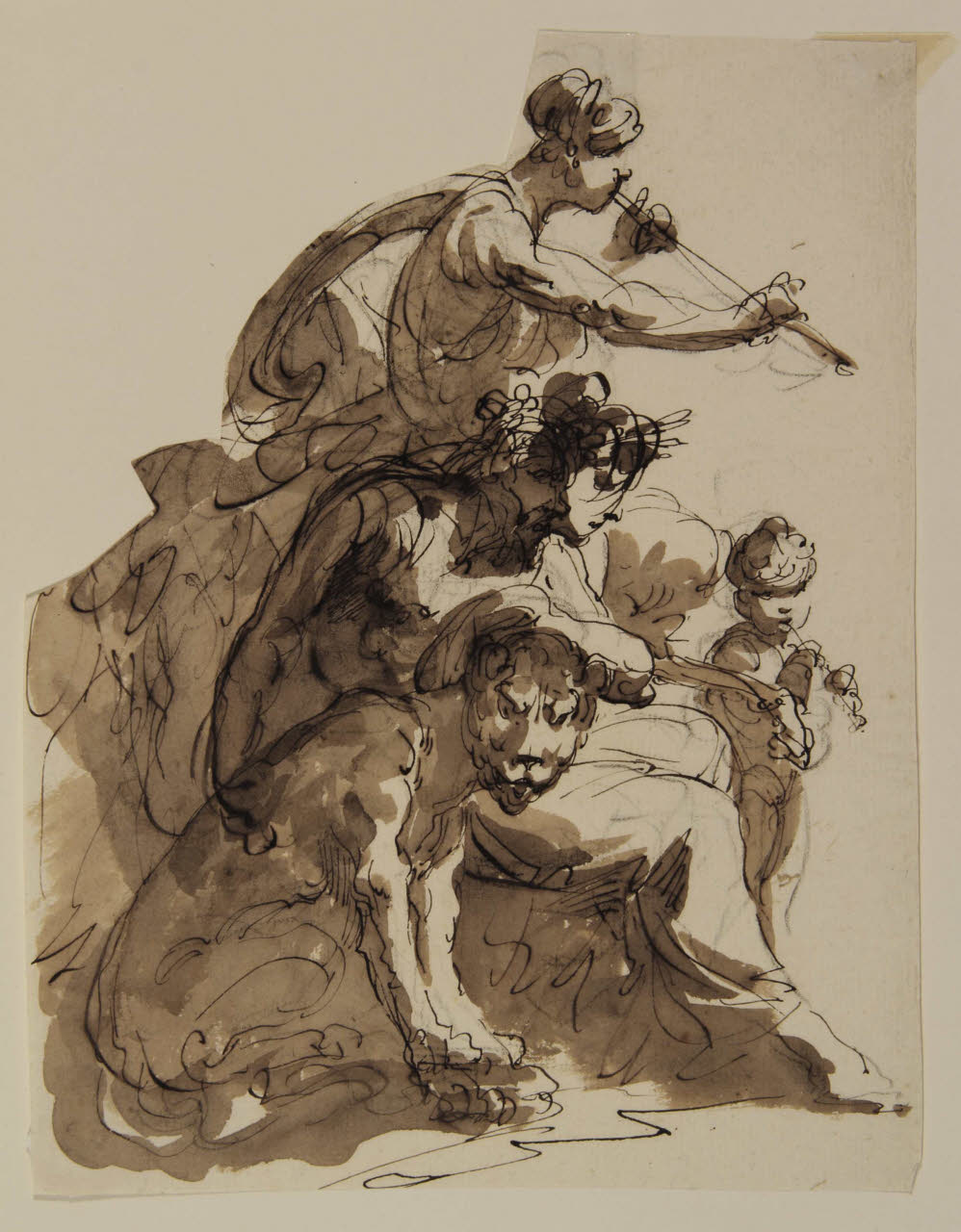 Tre figure mitologiche e una leonessa, Tre figure mitologiche e una leonessa (disegno) di Bison, Giuseppe Bernardino (secc. XVIII/ XIX)