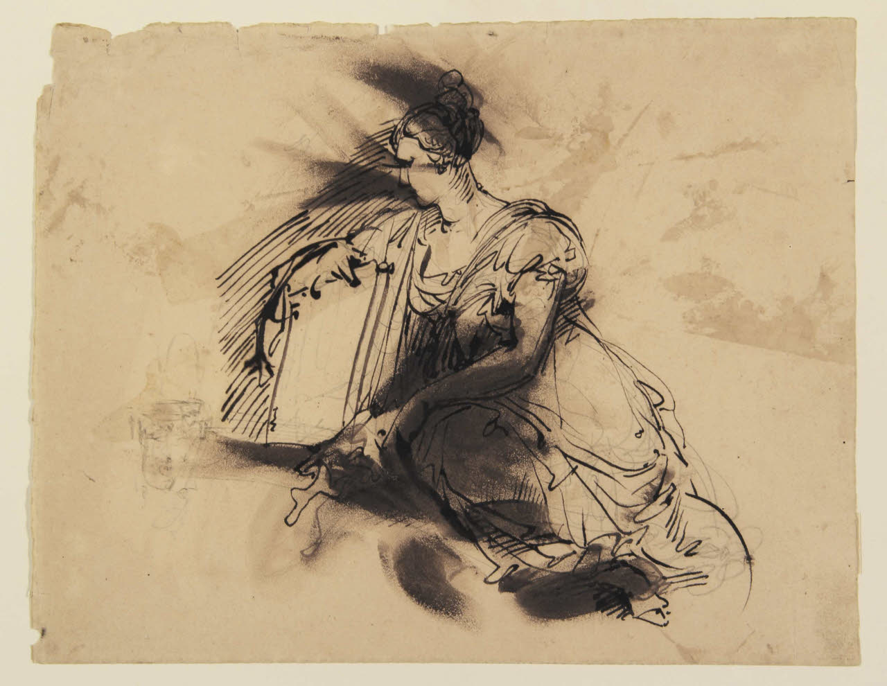 Figura femminile panneggiata appoggiata a un libro, Figura femminile panneggiata appoggiata a un libro (disegno) di Bison, Giuseppe Bernardino (secc. XVIII/ XIX)