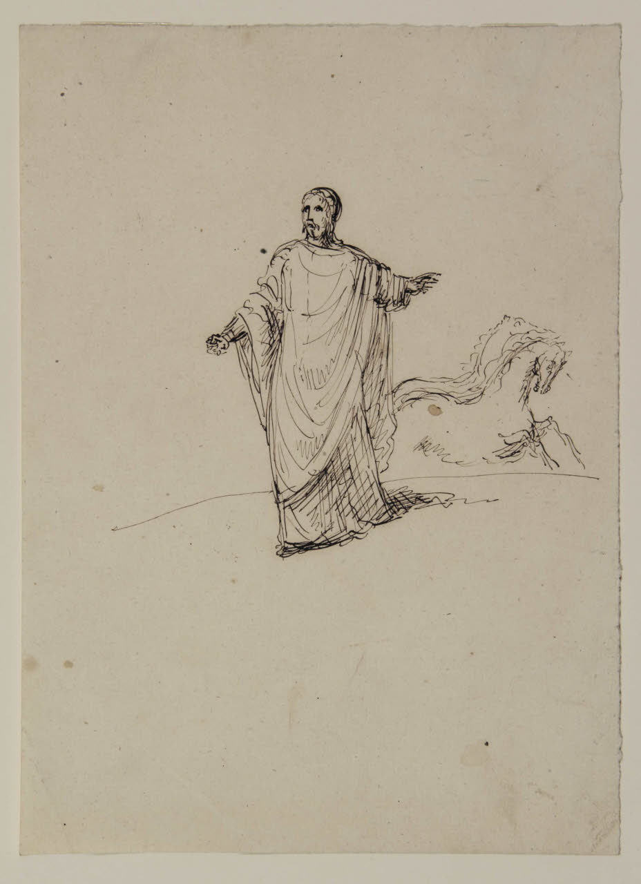 Figura maschile togata con alle spalle cavalli al galoppo, Figura maschile togata con alle spalle cavalli al galoppo (disegno) di Bison, Giuseppe Bernardino (secc. XVIII/ XIX)