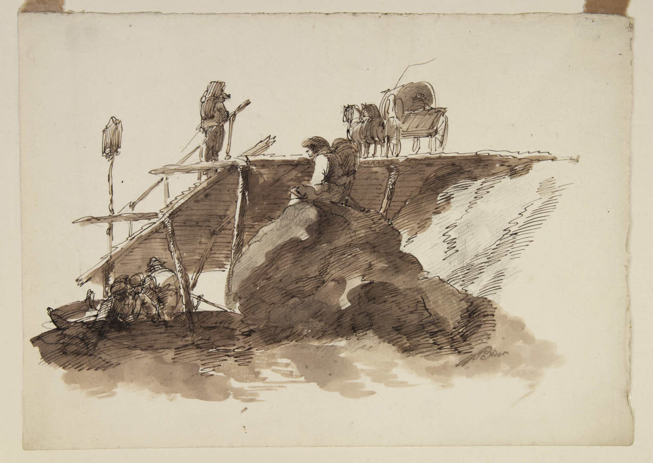 Veduta di un ponte di legno con figurette, Veduta di un ponte di legno con figurette (disegno) di Bison, Giuseppe Bernardino (secc. XVIII/ XIX)