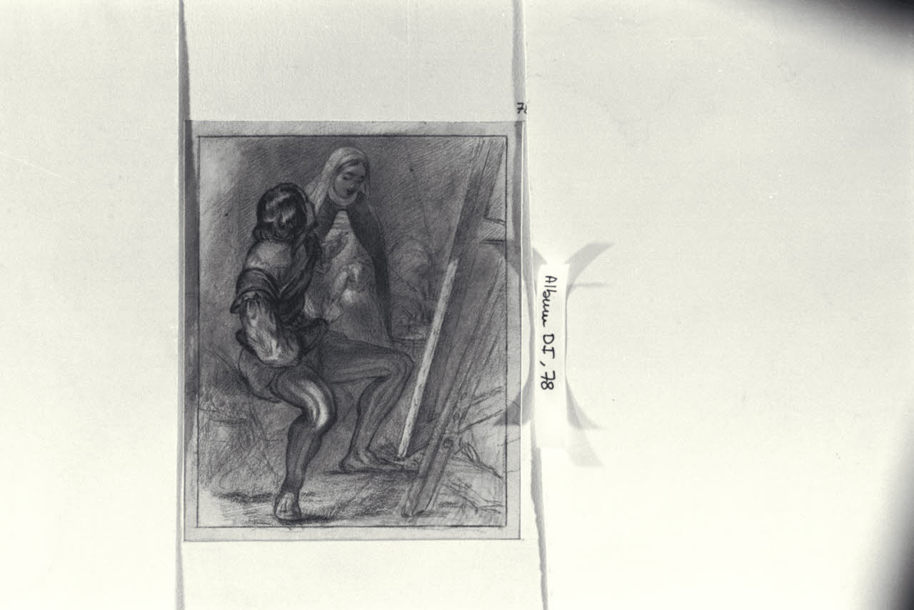 Un uomo e una donna davanti a una tela su cavalletto (disegno) di Durini, Alessandro (secondo quarto sec. XIX)