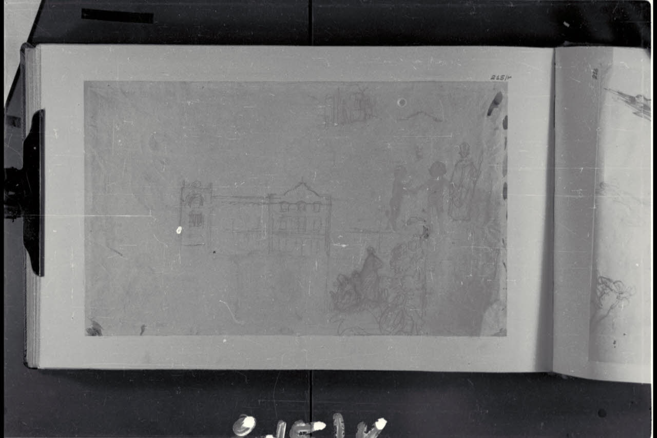 Particolare di edificio, composizioni e figurette varie (disegno) di Durini, Alessandro (secondo quarto sec. XIX)