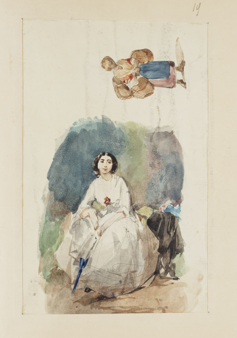 Donna seduta e figura con fardelli, Donna seduta e figura con fardelli (disegno) di Durini, Alessandro (sec. XIX)