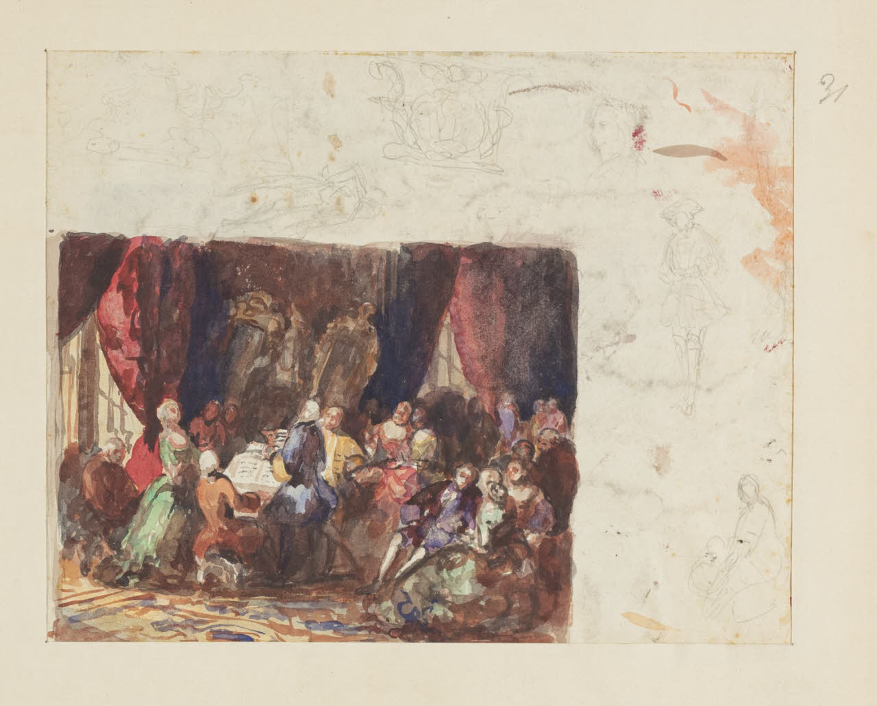 Scena di concerto e schizzi di figure, Scena di concerto e schizzi di figure (disegno) di Durini, Alessandro (sec. XIX)