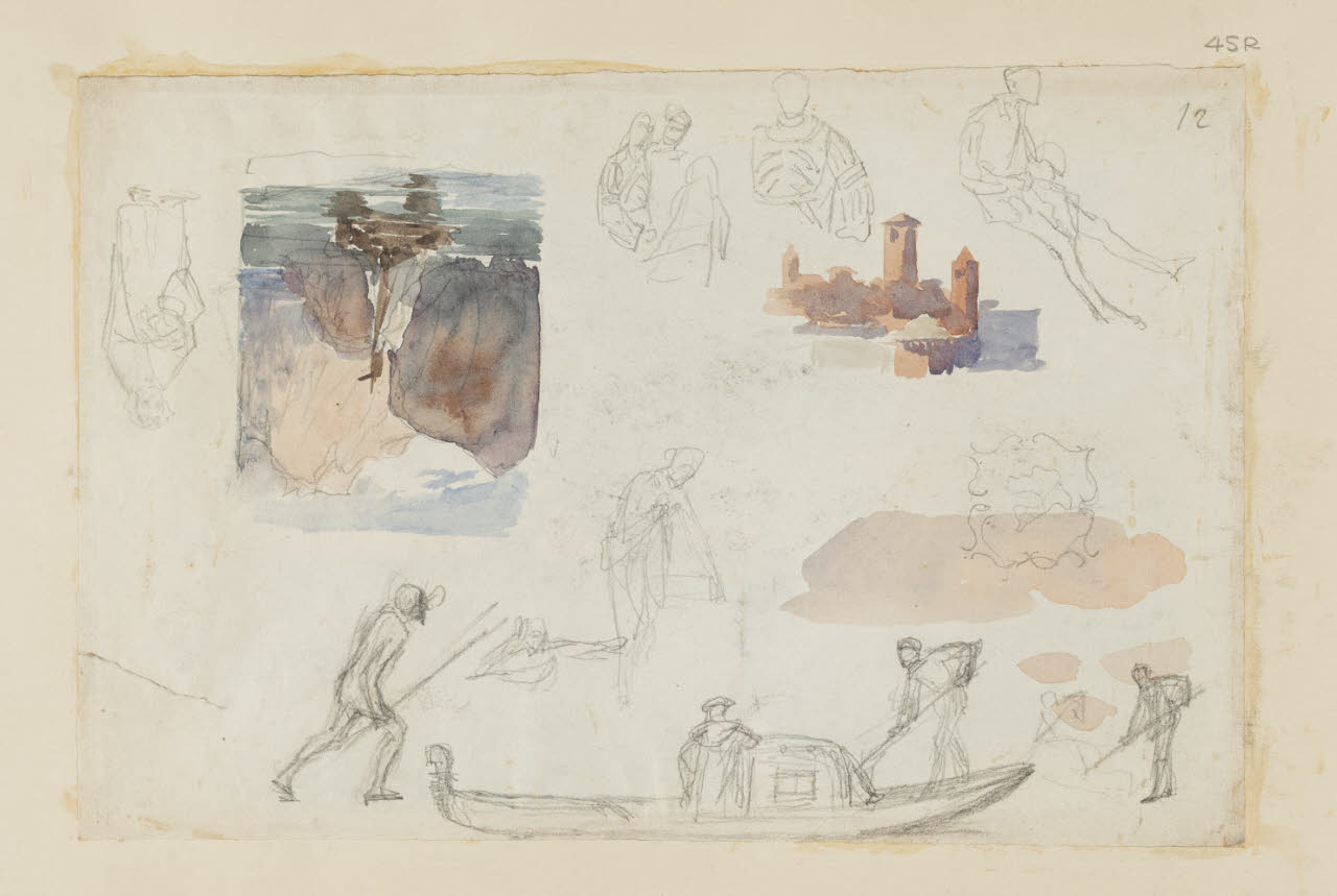 Paesaggi, gondolieri e schizzi vari, Paesaggi, gondolieri e schizzi vari (disegno) di Durini, Alessandro (sec. XIX)