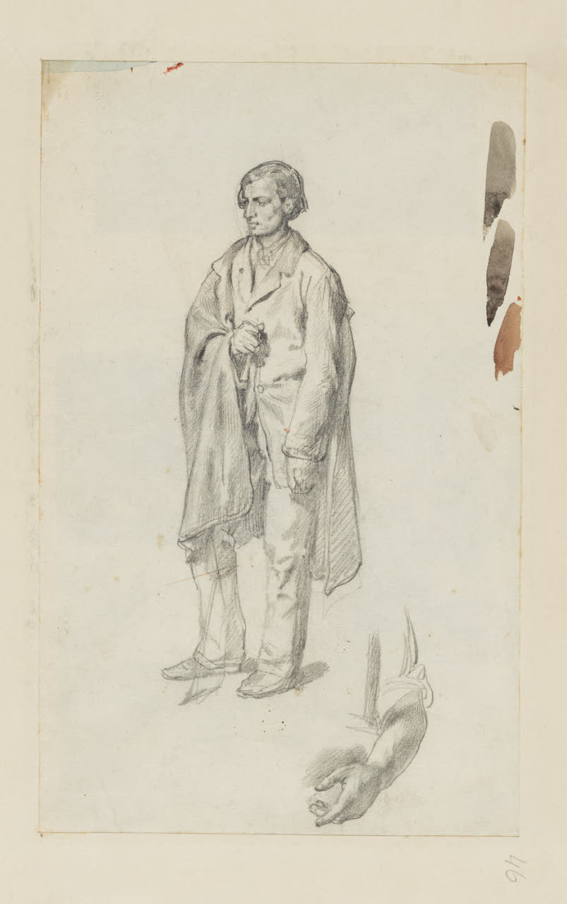 Figura maschile e particolare di braccio, Figura maschile e particolare di braccio (disegno) di Durini, Alessandro (sec. XIX)