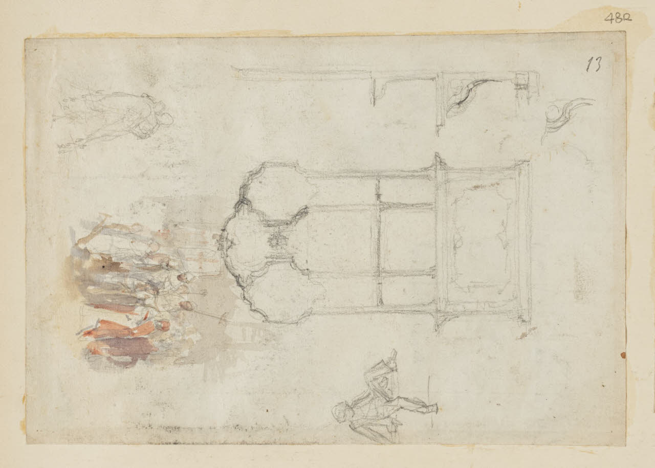 Particolari architettonici, composizione e schizzi di figurette, Particolari architettonici, composizione e schizzi di figurette (disegno) di Durini, Alessandro (sec. XIX)