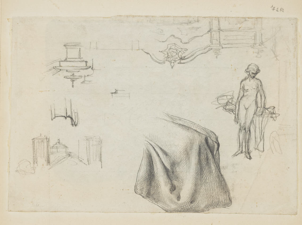 Studio per panneggio, particolari architettonici e nudo femminile, Studio per panneggio, particolari architettonici e nudo femminile (disegno) di Durini, Alessandro (sec. XIX)