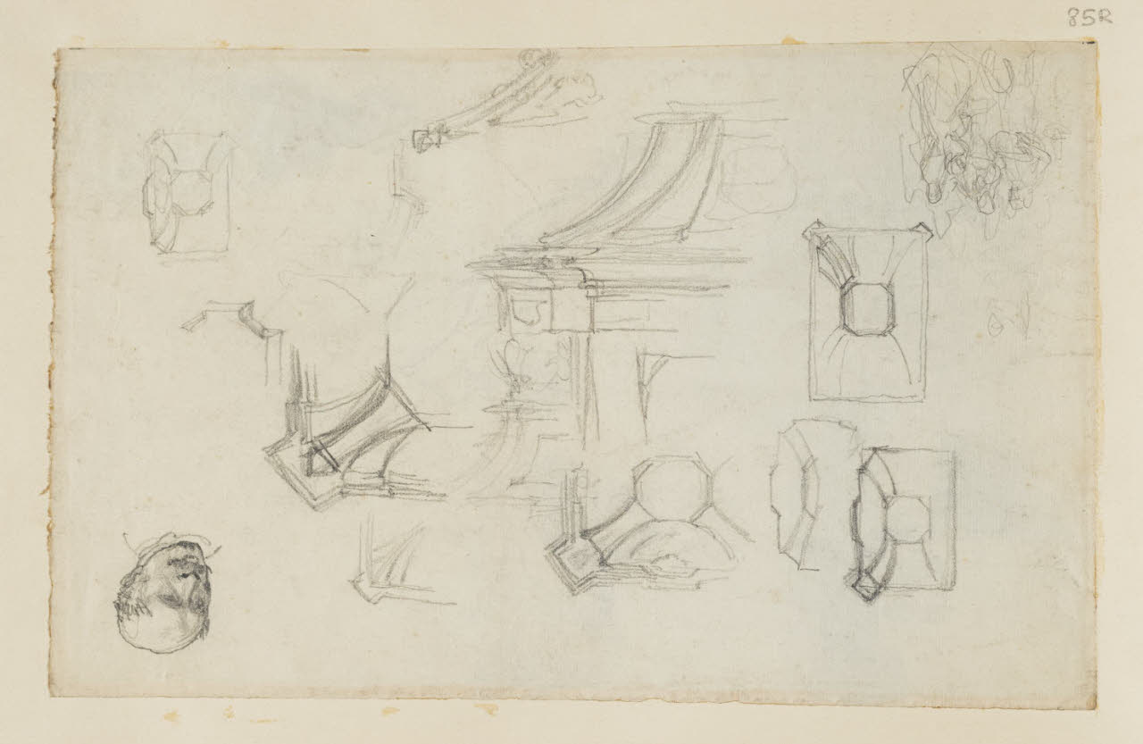 Motivi ornamentali, studio di testa e schizzi vari, Motivi ornamentali, studio di testa e schizzi vari (disegno) di Durini, Alessandro (sec. XIX)