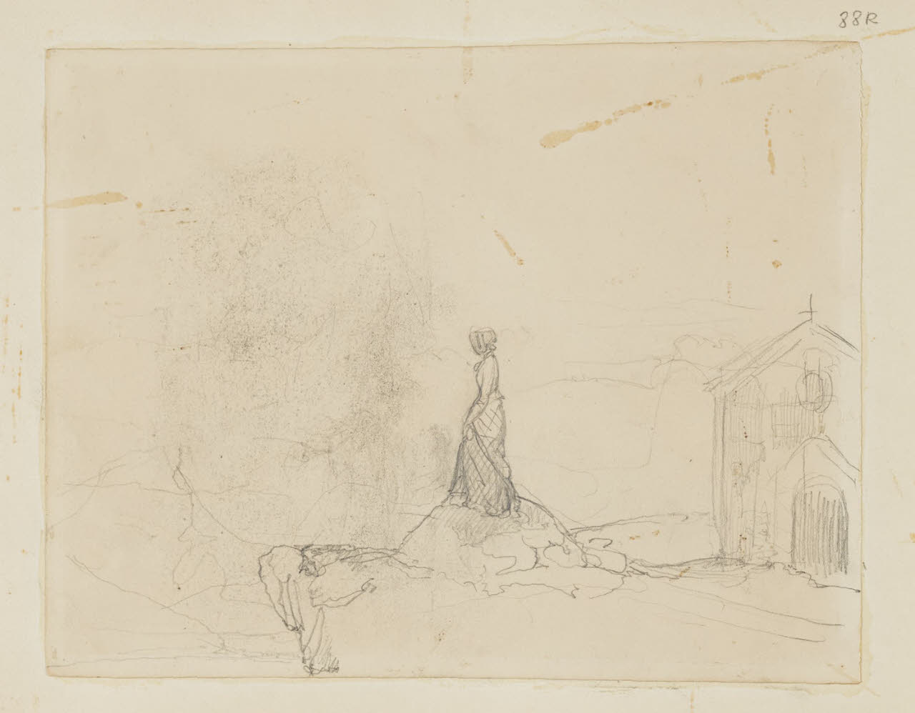 Figura femminile di profilo in cima a un dirupo e facciata di una chiesa, Figura femminile di profilo in cima a un dirupo e facciata di una chiesa (disegno) di Durini, Alessandro (sec. XIX)