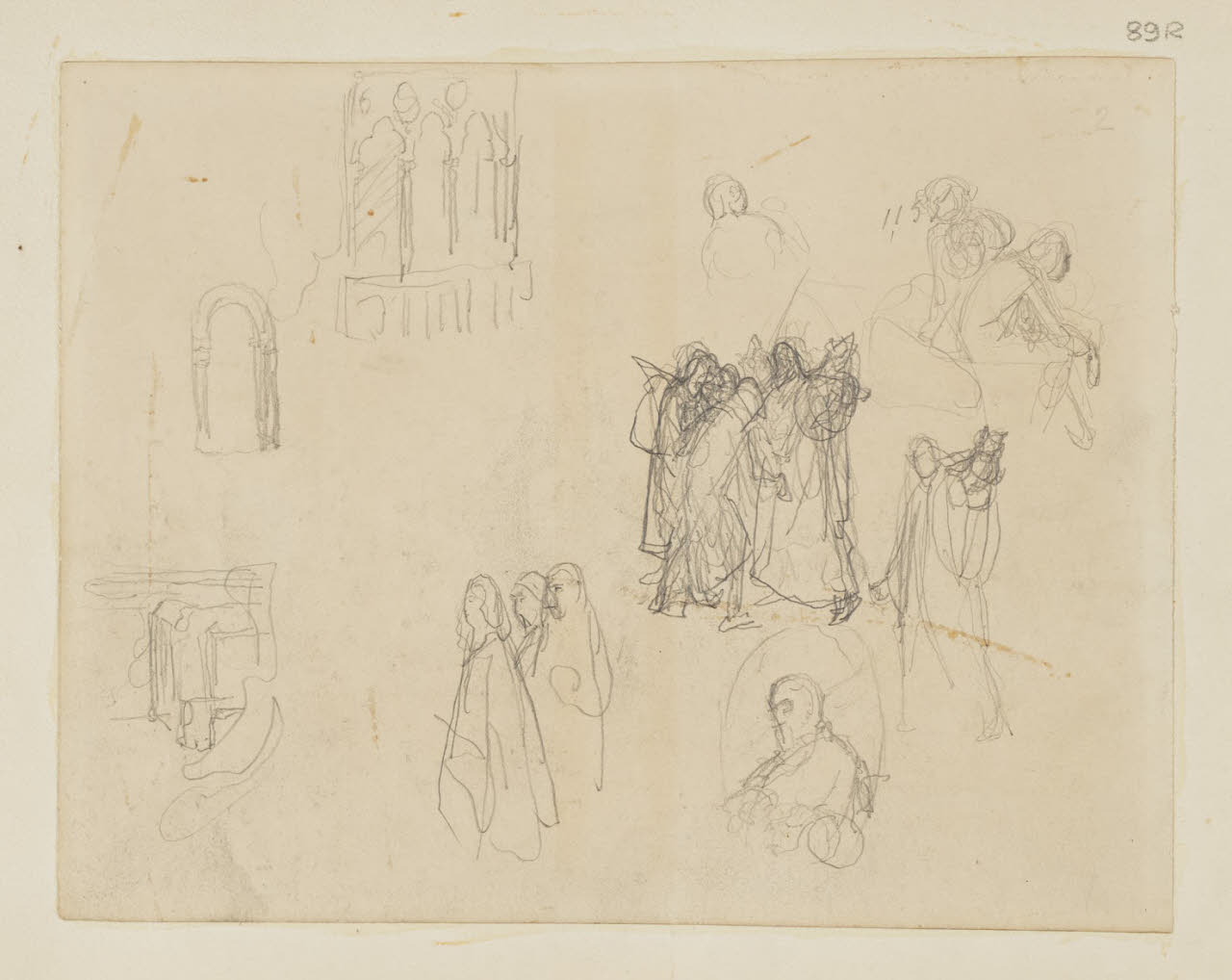 Particolari architettonici e schizzi di figure, Particolari architettonici e schizzi di figure (disegno) di Durini, Alessandro (sec. XIX)