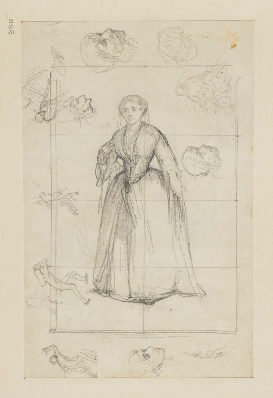 Studio di figura femminile, teste e schizzi vari, Studio di figura femminile, teste e schizzi vari (disegno) di Durini, Alessandro (sec. XIX)