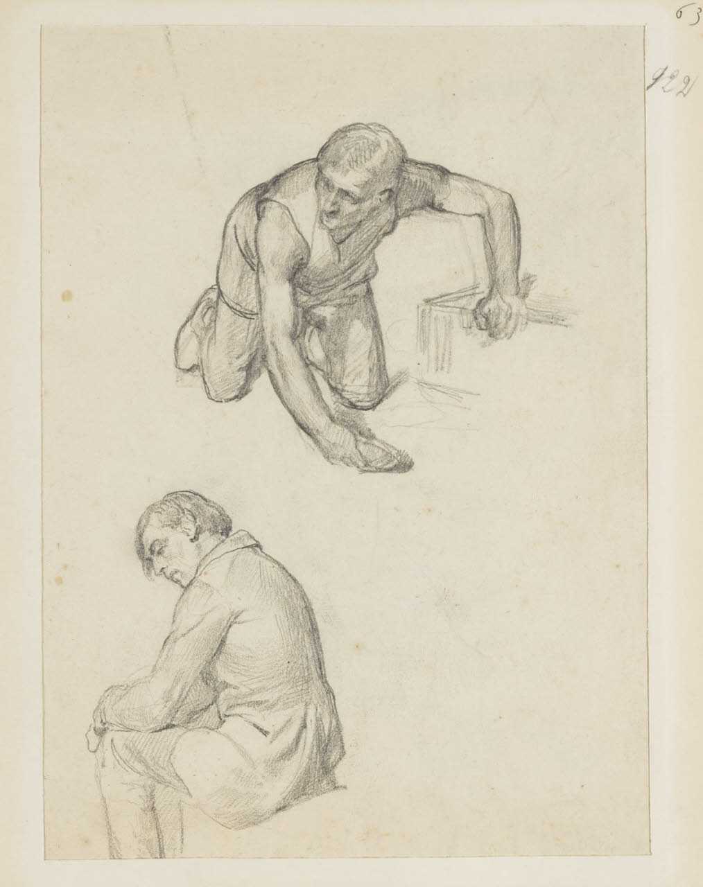 Figura maschile seduta e figura maschile inginocchiata, Figura maschile seduta e figura maschile inginocchiata (disegno) di Durini, Alessandro (sec. XIX)